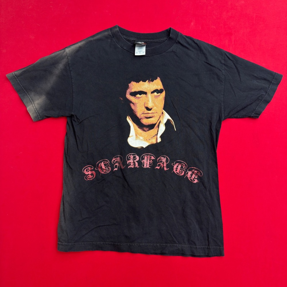 VTG 90s Scarface Tony Montana Graphic T-shirt Mens M Black Movie Promo Sun Fade